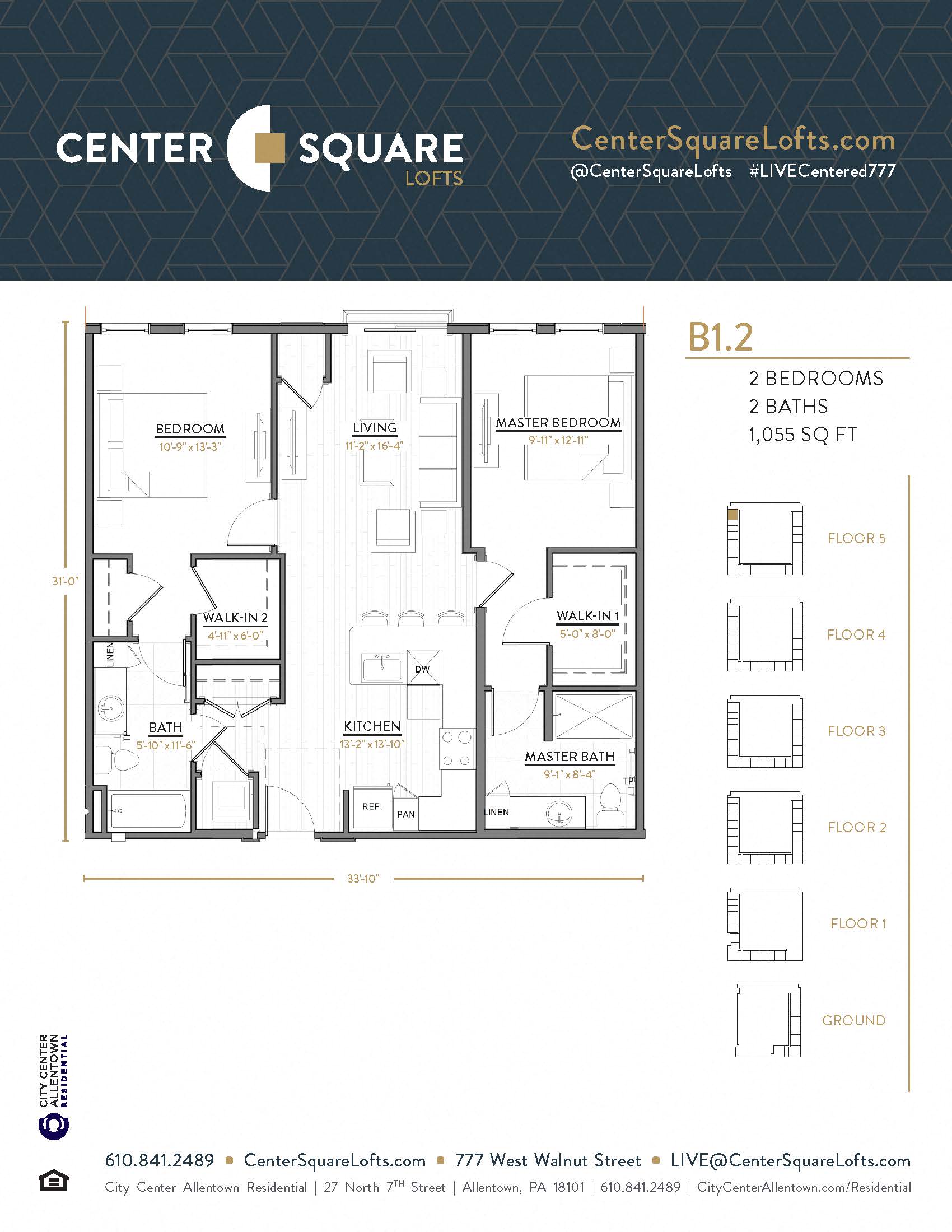 Floor plan for 2 beds, 2 baths, 1055 sqft